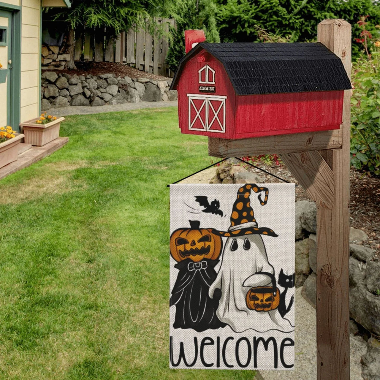 Halloween Spooky Black White Ghost Lantern Pumpkin Welcome Linen Garden Flag 12"×18" for Lawn Decor