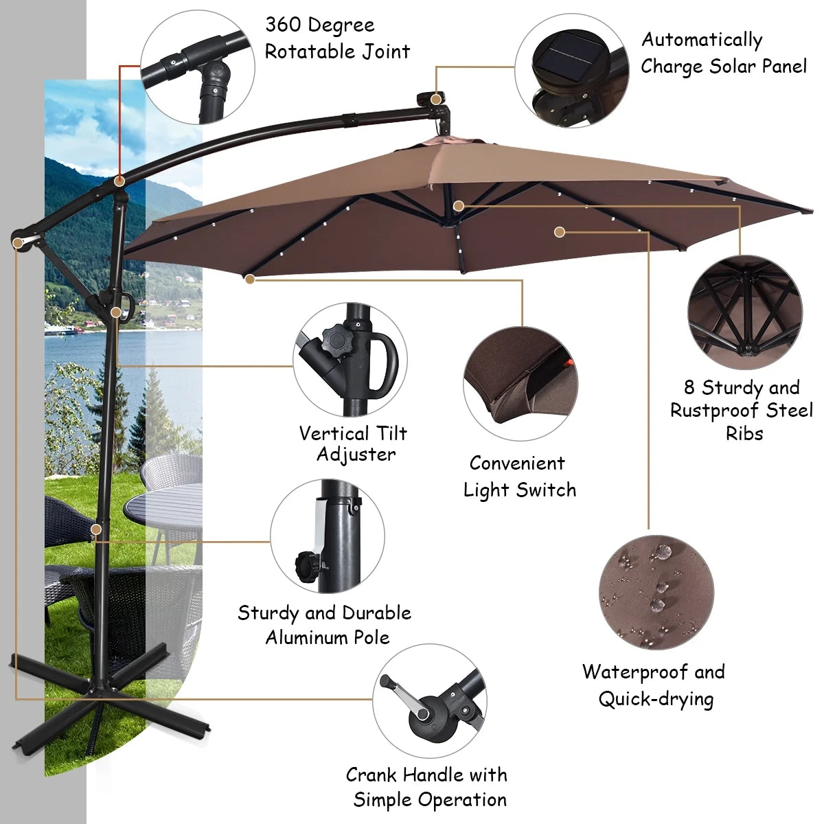 90" Brown Cantilever Patio Umbrellas, LED Lights