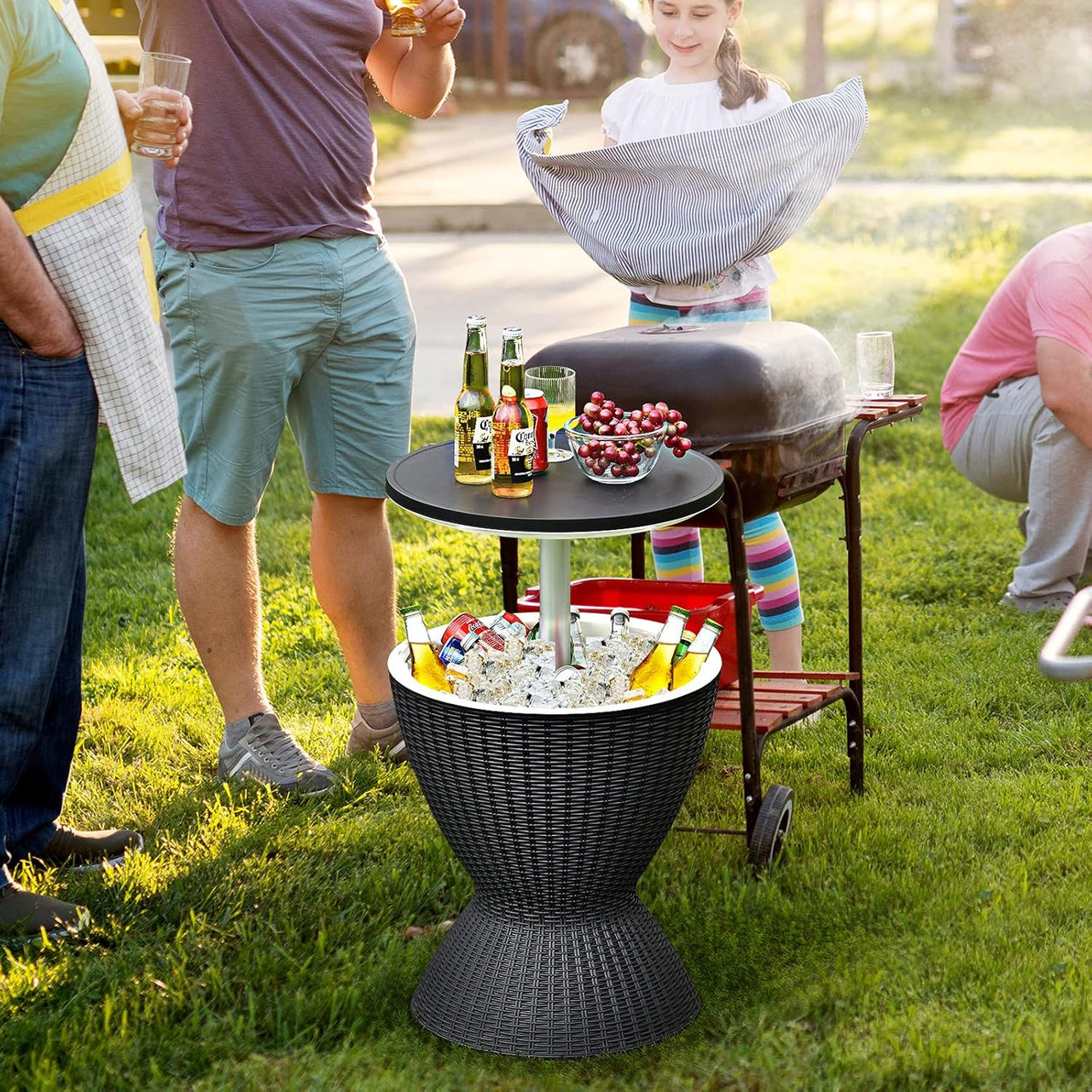Cool Bar Table, 8 Gallon Beer and Wine Cooler, Rattan Style Outdoor Cocktail Patio Bar Tables, Height Adjustable, 3-In-1 Ice Cooler with Drainage Plug for Deck Pool Party (Black)