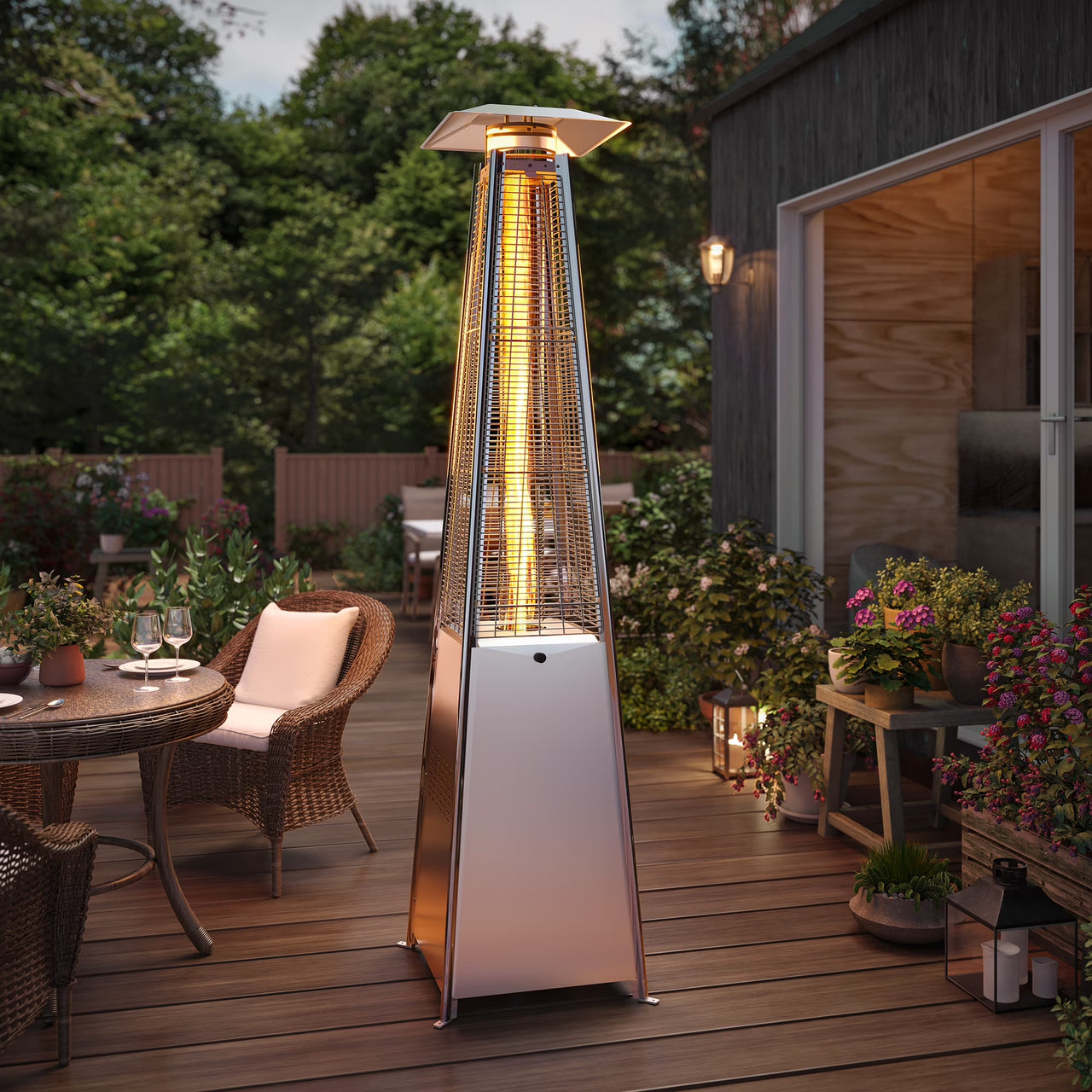 87'' Tall Pyramid Patio Heater with Wheels, Glass Tube Flame Heating 48000 BTU & Dust Cover