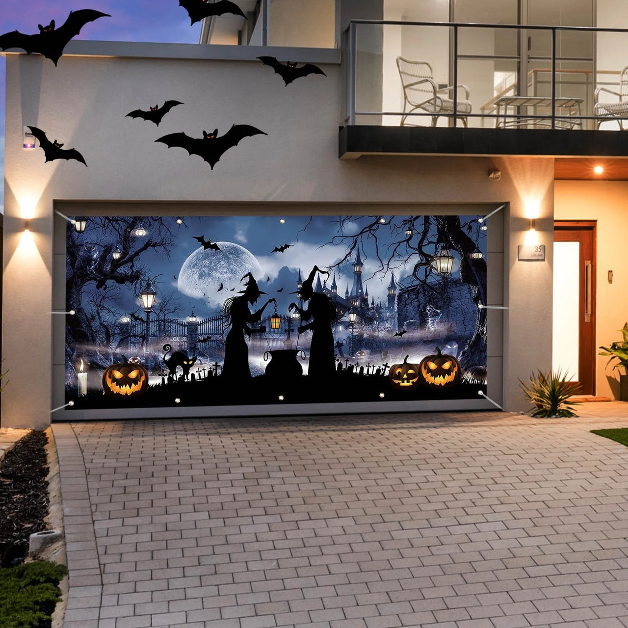 Halloween Garage Door Cover, 157.5X70.9-192X83.9 Inches, Witches & Pumpkins Design, Heavy Polyester, Perfect for Haunted Houses, Easy to Hang, Weather-Resistant