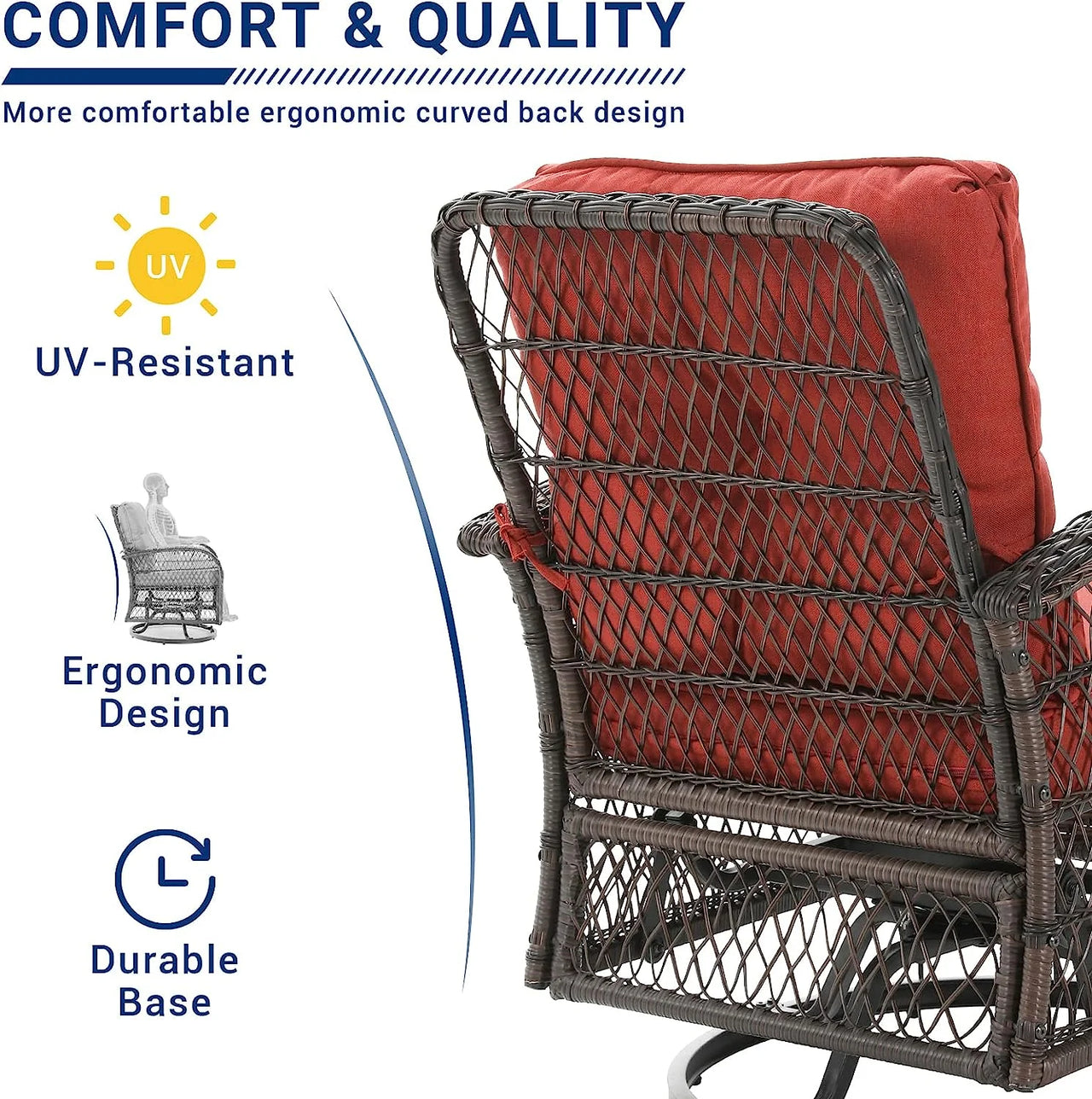 3 Pieces Patio Furniture Set, Outdoor Swivel Gliders Rocker, Glass Top Side Table (Red)
