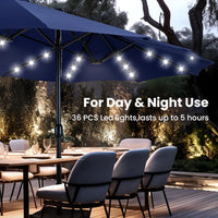 Thumbnail for 15Ft Large Patio Umbrella with Solar Lights, Double-Sided Outdoor Market Rectangle Umbrellas with 36 LED Lights, Umbrella Base (Stand) Included, Navy Blue