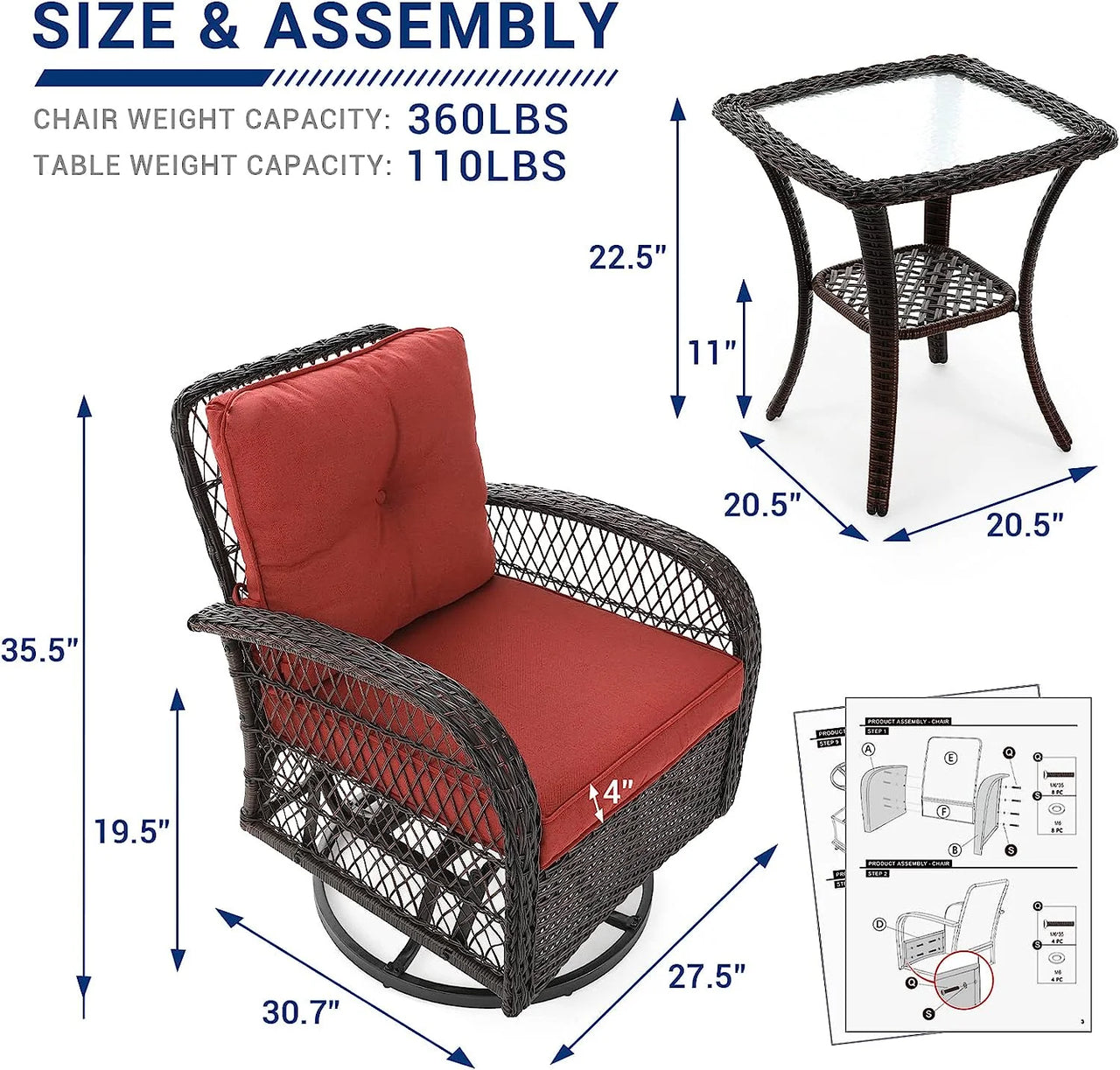 3 Pieces Patio Furniture Set, Outdoor Swivel Gliders Rocker, Glass Top Side Table (Red)