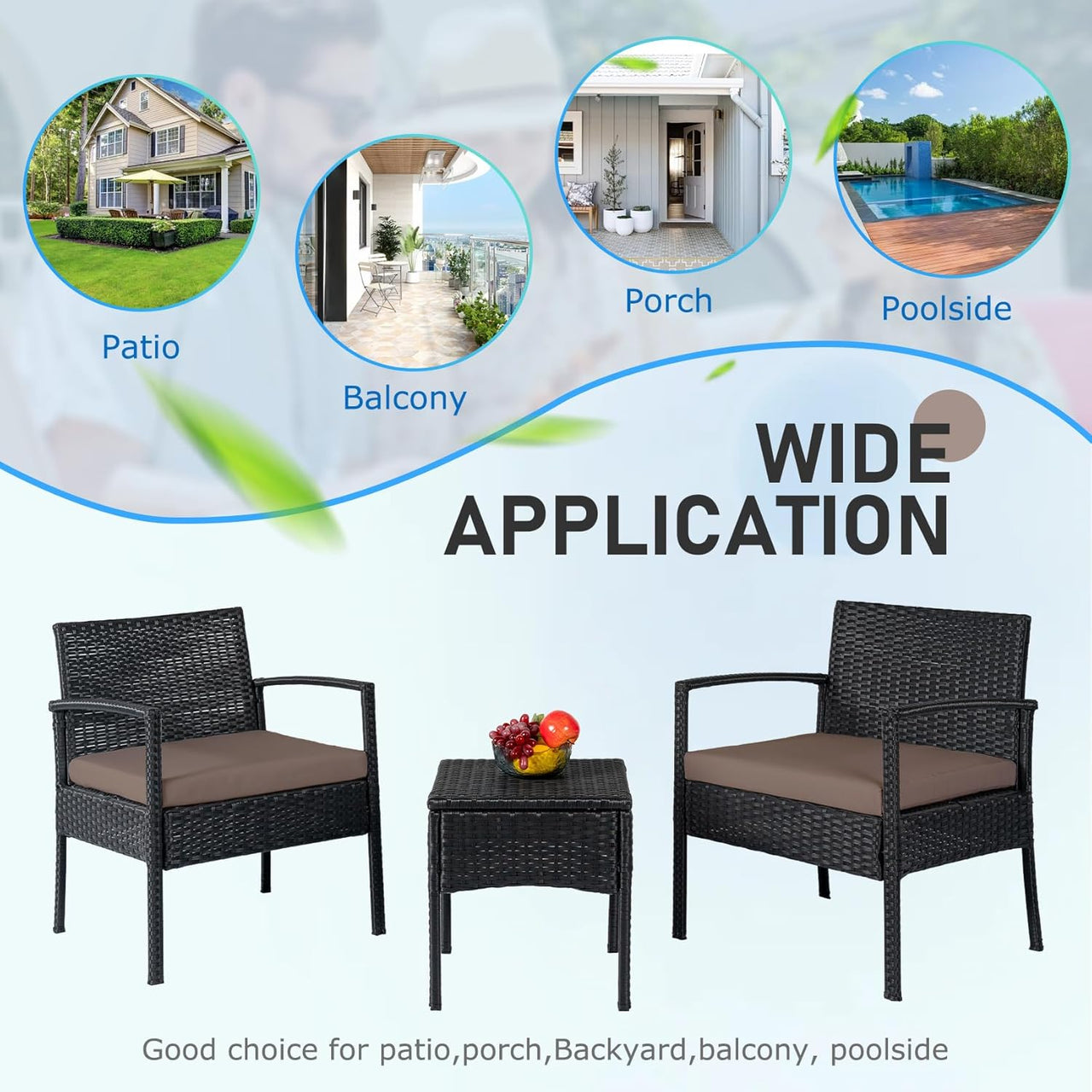 Outdoor Furniture 3 Piece Patio Bistro Furniture Set, Rattan Conversation Chairs Set with Side Table and Cushions, Porch Set Patio Furniture Set for Balcony Garden Yard, Brown