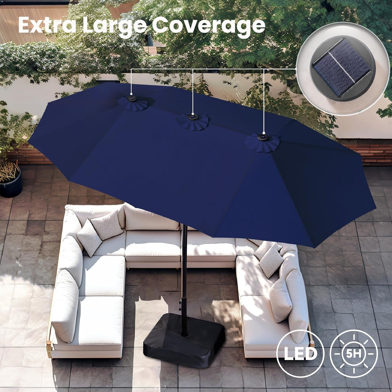 15Ft Large Patio Umbrella with Solar Lights, Double-Sided Outdoor Market Rectangle Umbrellas with 36 LED Lights, Umbrella Base (Stand) Included, Navy Blue