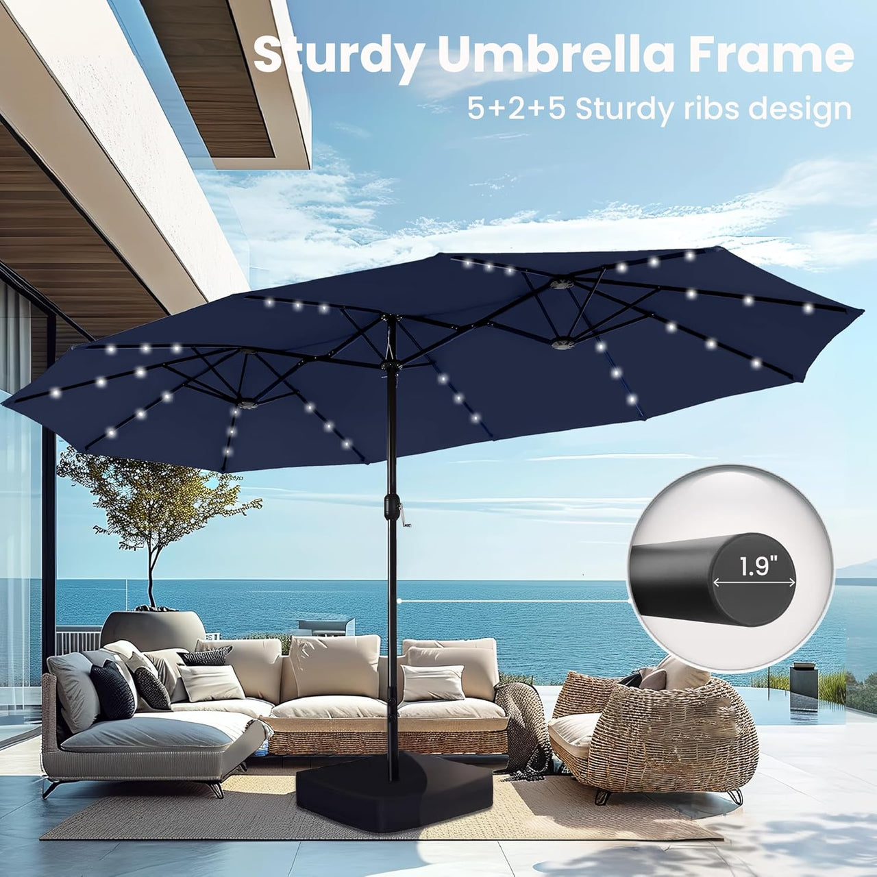 15Ft Large Patio Umbrella with Solar Lights, Double-Sided Outdoor Market Rectangle Umbrellas with 36 LED Lights, Umbrella Base (Stand) Included, Navy Blue