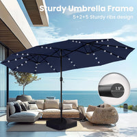 Thumbnail for 15Ft Large Patio Umbrella with Solar Lights, Double-Sided Outdoor Market Rectangle Umbrellas with 36 LED Lights, Umbrella Base (Stand) Included, Navy Blue