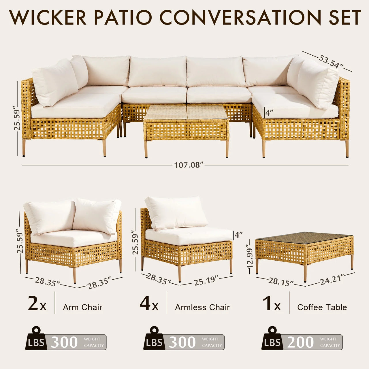 7-Piece Wicker Patio Furniture Set, Patio Furniture Set with Water Resistant Thick Cushions and Coffee Table, Beige
