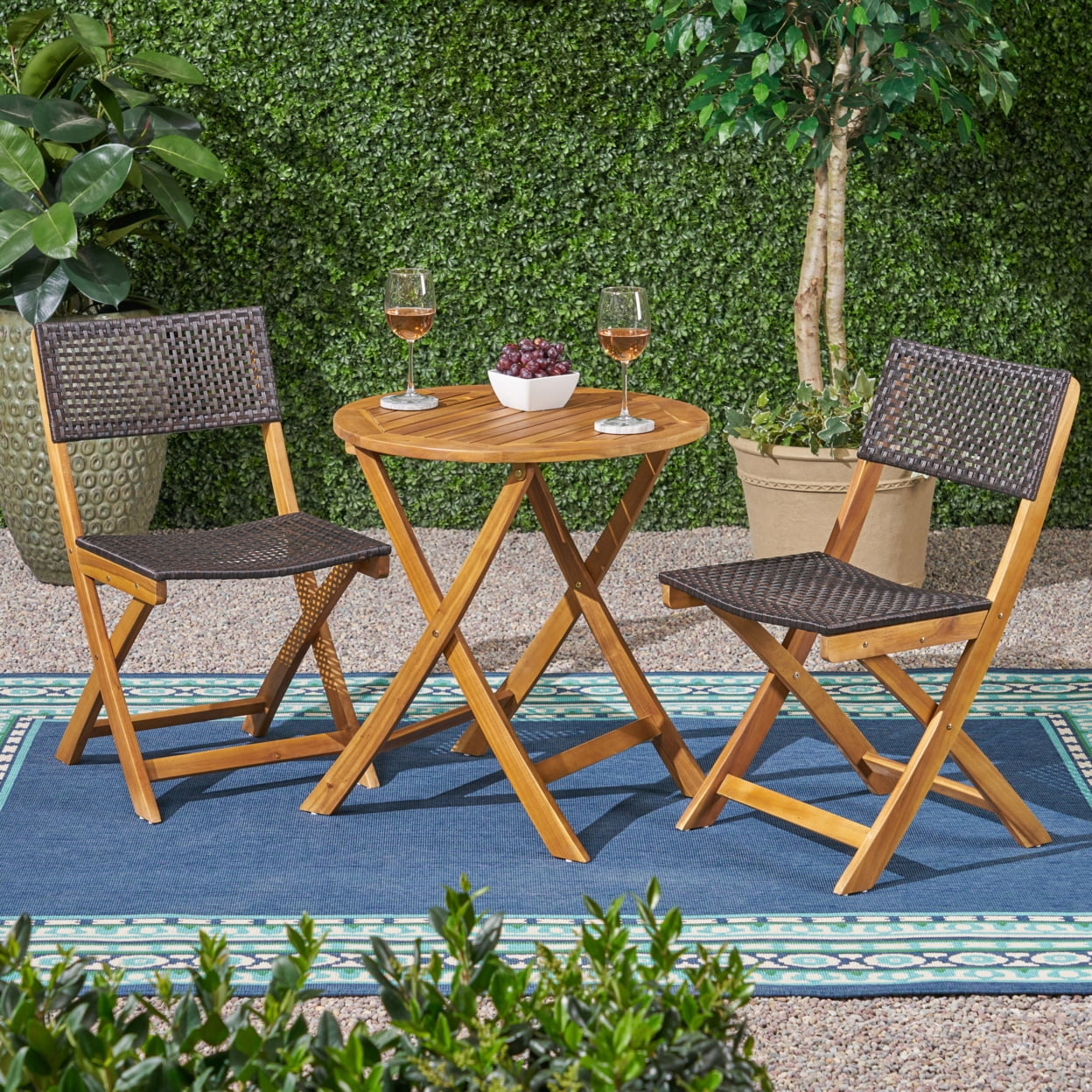 Outdoor Acacia Wood and Wicker 3 Piece Folding Bistro Set