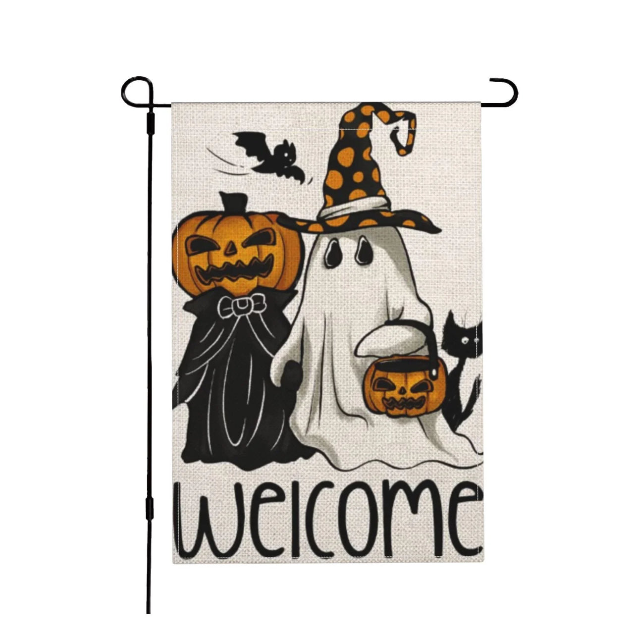 Halloween Spooky Black White Ghost Lantern Pumpkin Welcome Linen Garden Flag 12"×18" for Lawn Decor