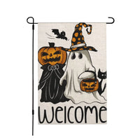 Thumbnail for Halloween Spooky Black White Ghost Lantern Pumpkin Welcome Linen Garden Flag 12