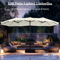 Thumbnail for 15Ft Double-Sided Solar Patio Umbrella with Base (Included) Large Outdoor Umbrella with Solar Lights - Ivory