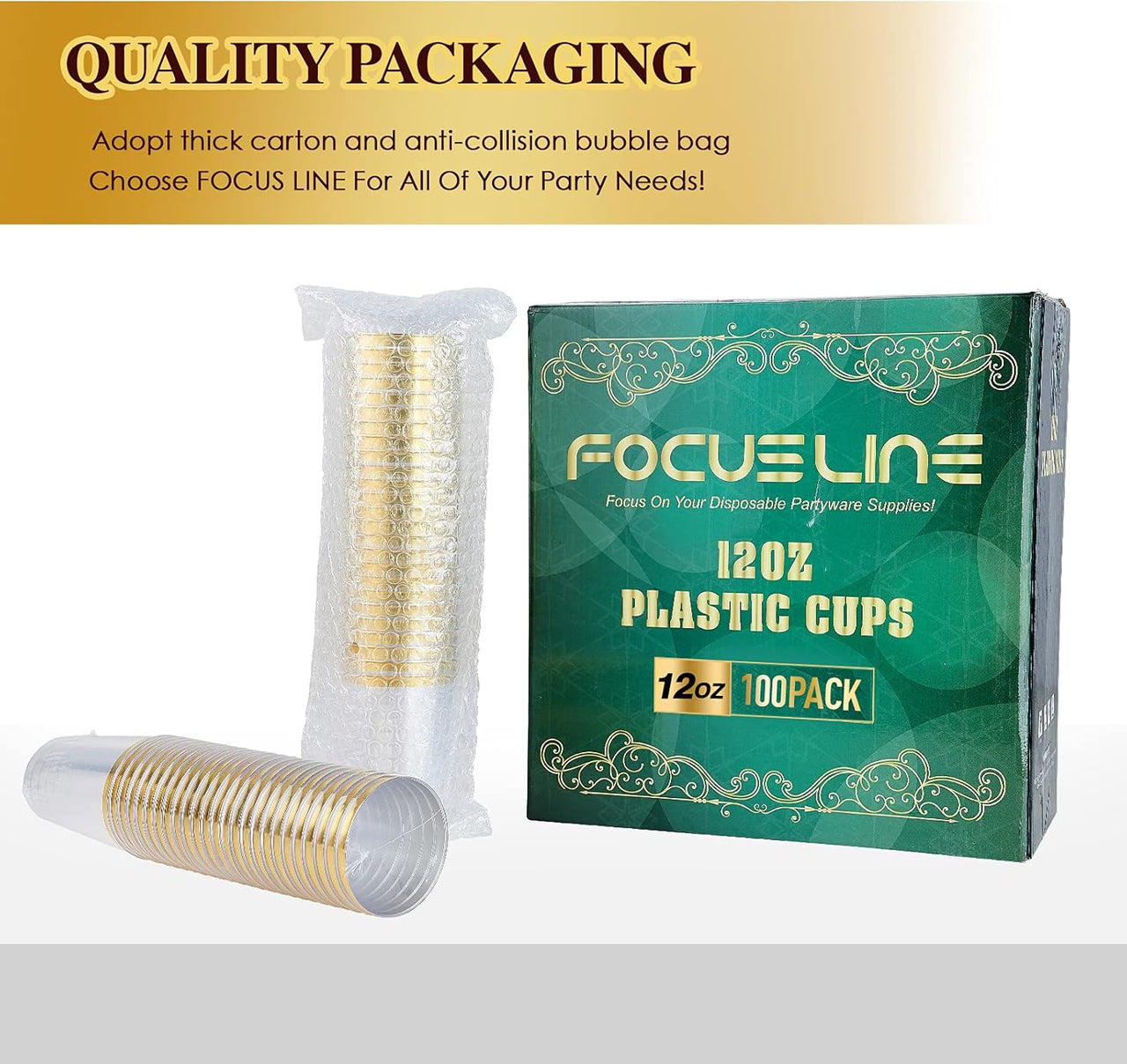 100 Pack 12 Oz Gold Rimmed Plastic Cups, 12 Ounce Clear Tumblers, Heavy-Duty & Fancy Disposable Hard Plastic Cups with Gold Rim for Wedding Elegant Party