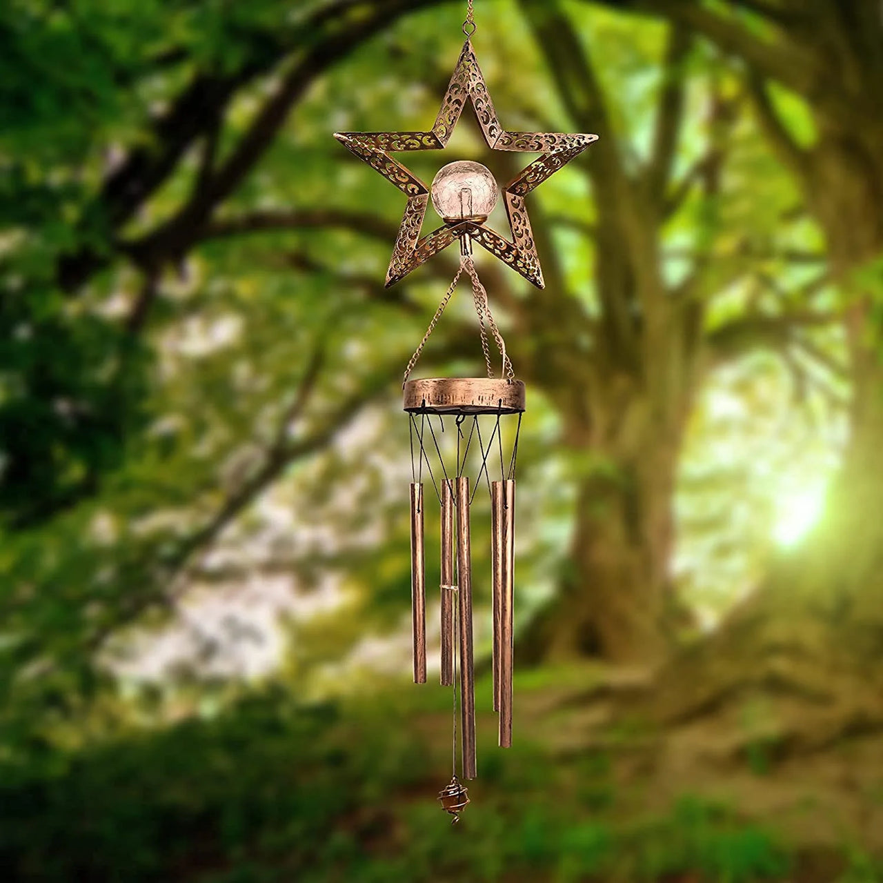 Solar Star Wind Chimes - Cracked Glass Balls, Outdoor Garden Chandeliers with Warm LED Light