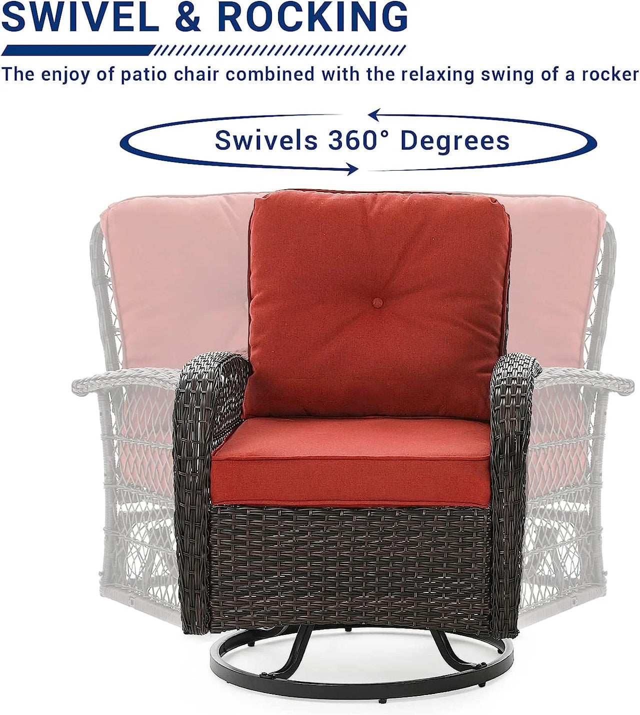 3 Pieces Patio Furniture Set, Outdoor Swivel Gliders Rocker, Glass Top Side Table (Red)