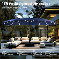 Thumbnail for 15Ft Large Patio Umbrella with Solar Lights, Double-Sided Outdoor Market Rectangle Umbrellas with 36 LED Lights, Umbrella Base (Stand) Included, Navy Blue