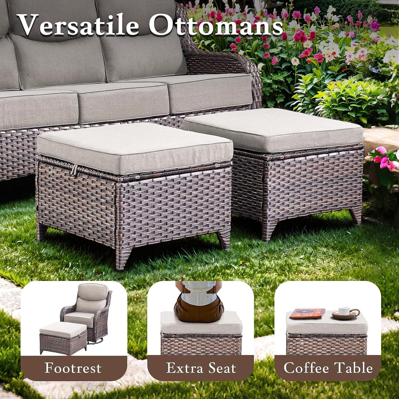 6 Pieces Luxury Outdoor Patio Furniture Sets Outdoor Conversation Sets with Swivel Rocker Patio Chairs with 6" Thick Cushion,Sofa and Glass Coffee Table for Porch Deck Backyard Poolside