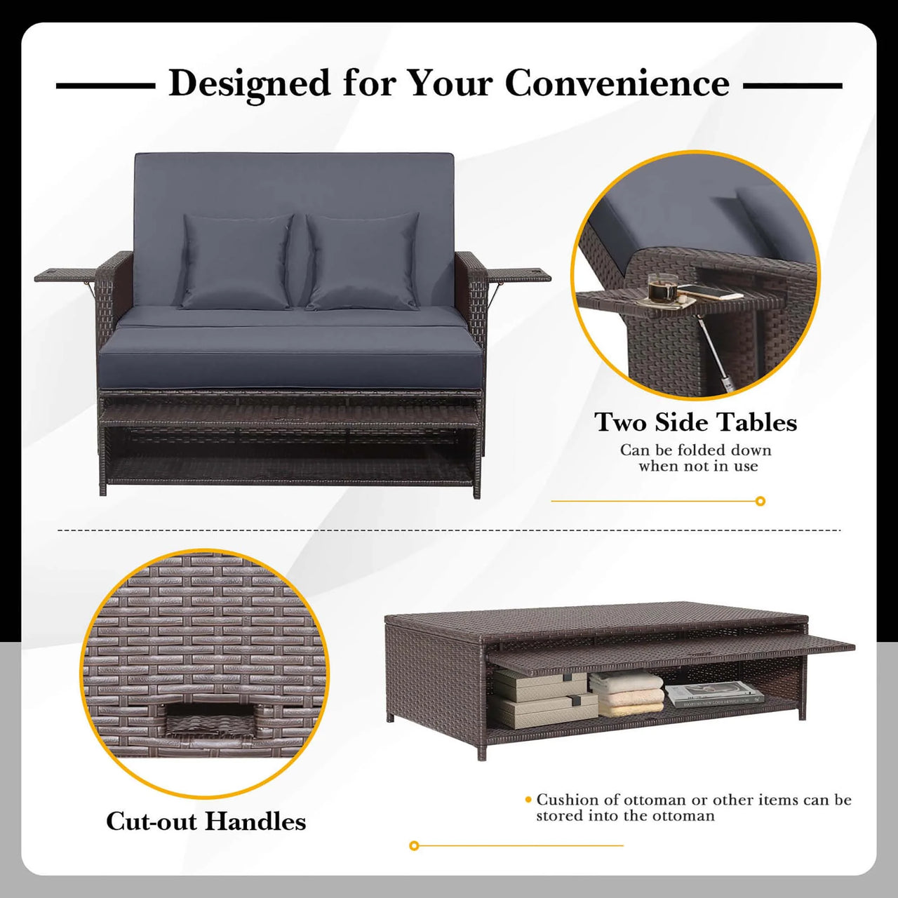 Patio Rattan Loveseat Set Daybed Lounge Storage Ottoman Side Tables Adjust Gray