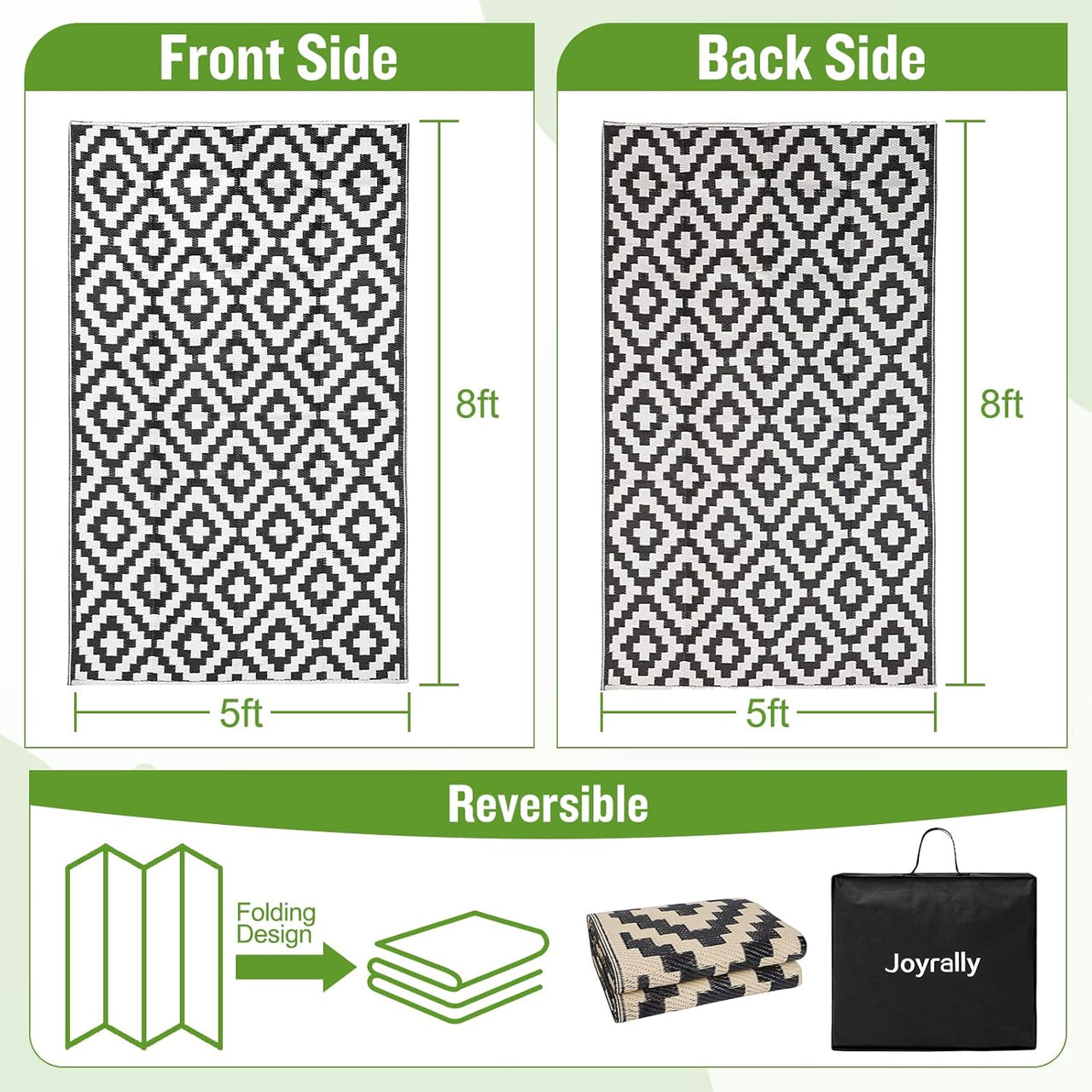 Outdoor Rug,Reversible Mats, Plastic Straw Rug, Modern Indoor Outdoor Area Rug, Large Floor Mat and Rug for Outdoors, RV, Patio, Backyard, Deck, Picnic, Beach, Trailer, Camping, Black & White, 5' X 8'