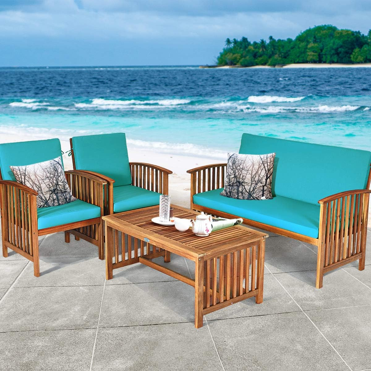 Outdoor Acacia Wood Sofa Set W/Water Resistant Cushions 