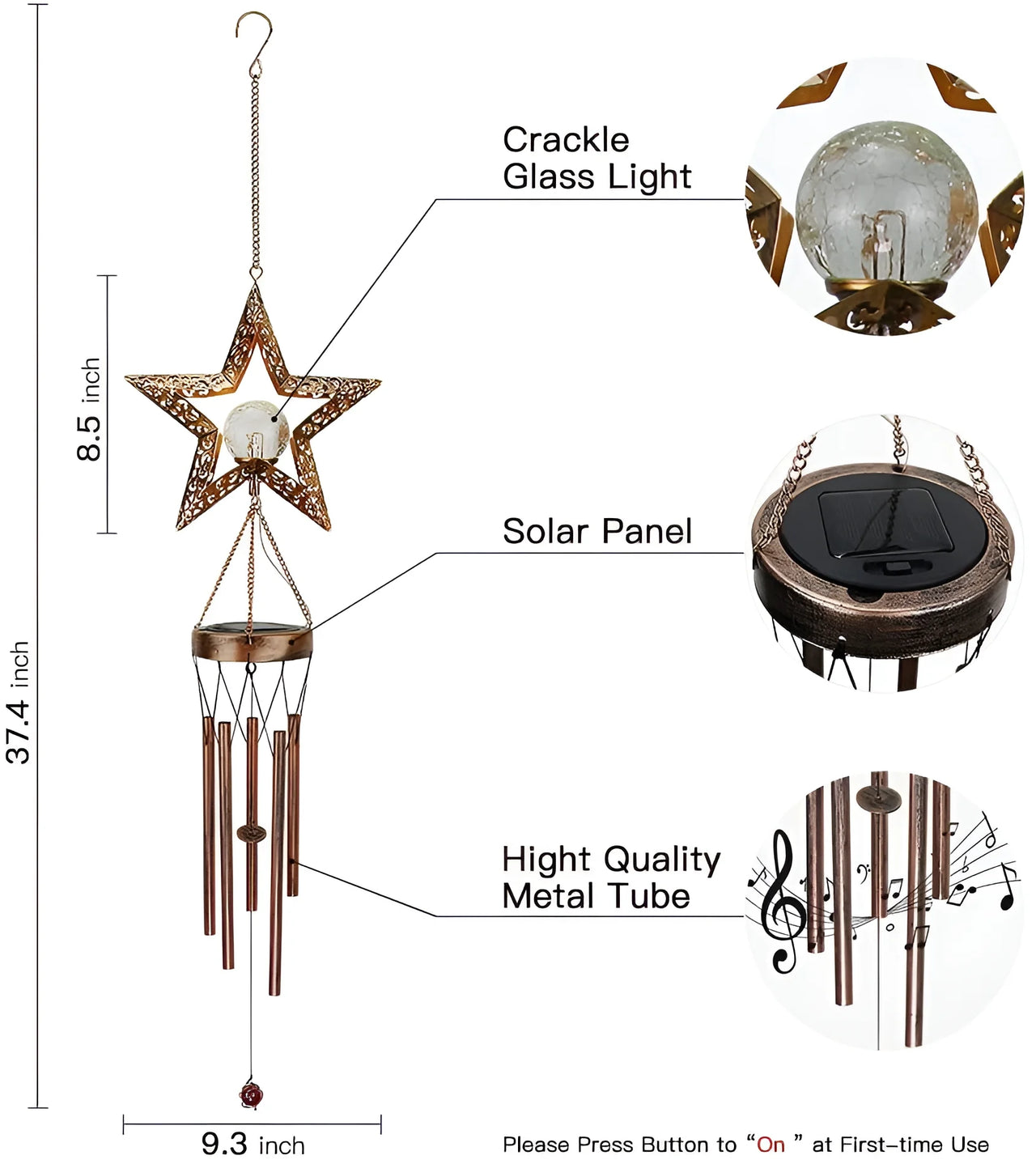 Solar Star Wind Chimes - Cracked Glass Balls, Outdoor Garden Chandeliers with Warm LED Light