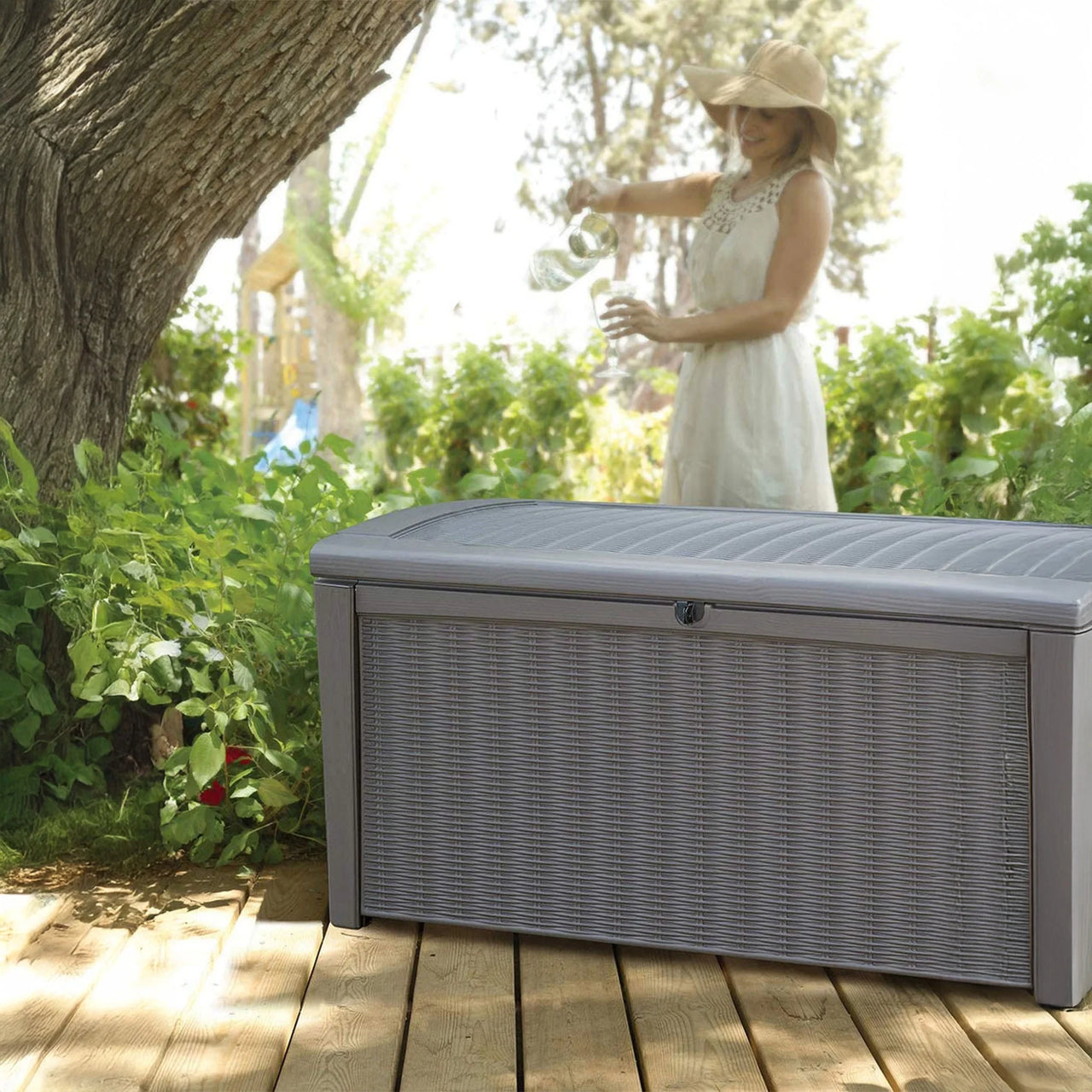 Borneo 110 Gallon Rattan Plastic Outdoor Storage Deck Box Bench, Grey