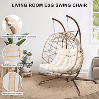 Thumbnail for Outdoor Egg Swing Chair with Stand, 2 Person Patio Swing Chairs with Thick Cushions and Pillows, Wicker Double Egg Chair Swing