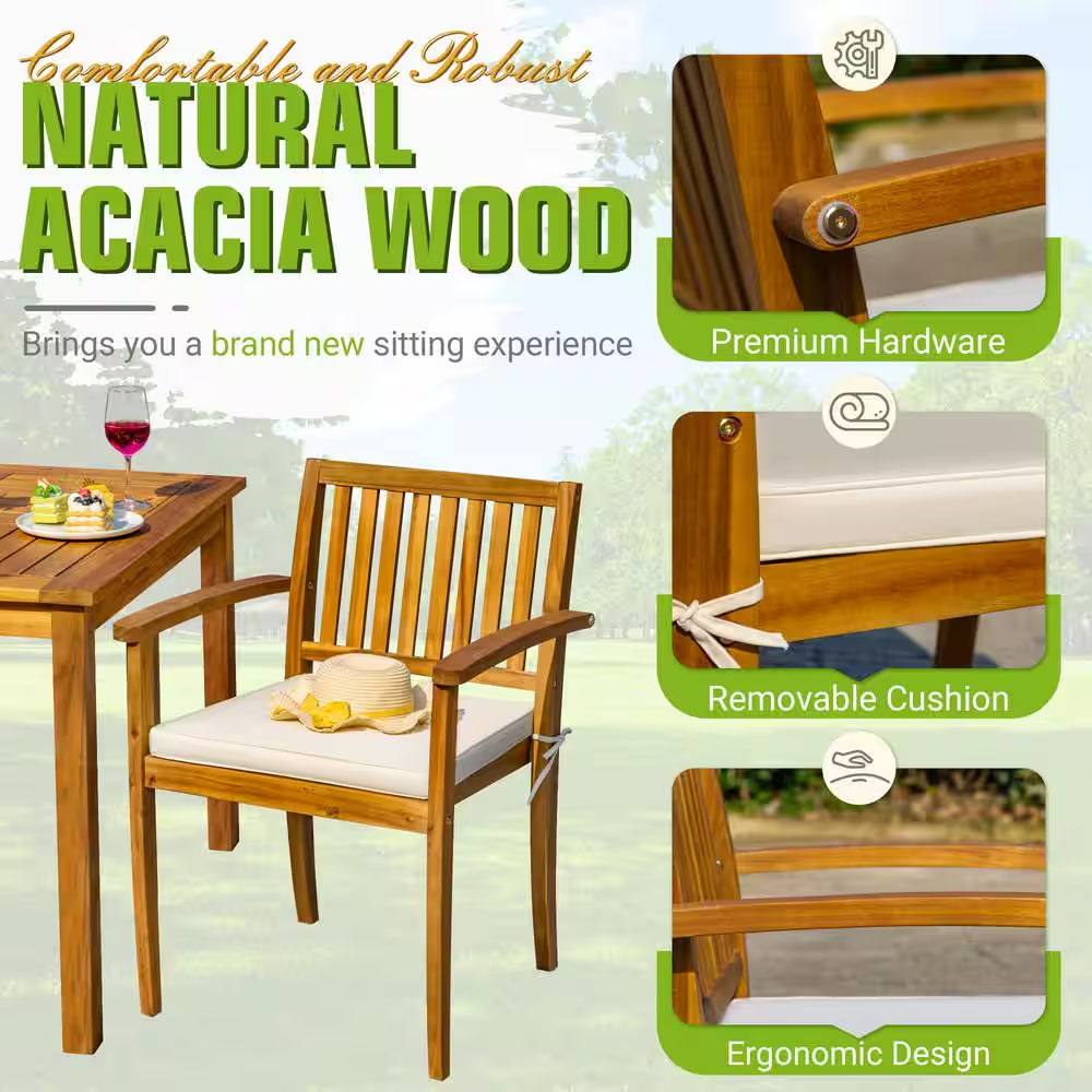 5-Piece Acacia Wood Outdoor Dining Set with Beige Cushion for Patio Garden Backyard 4-Armchairs and Table