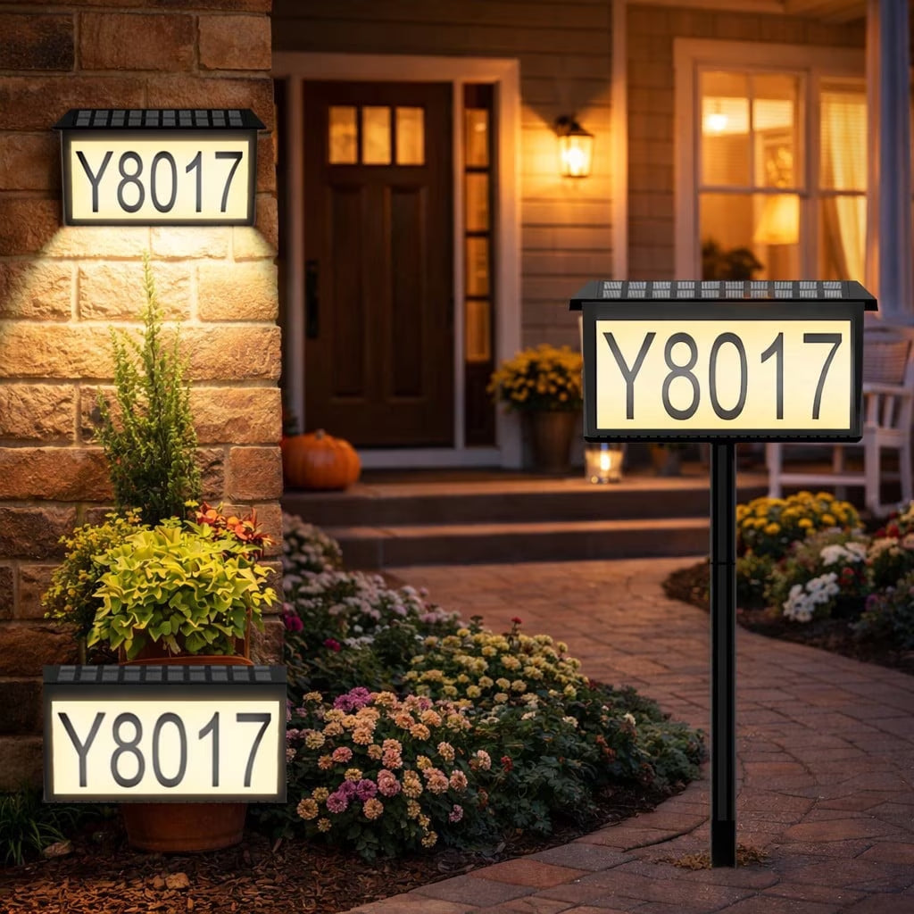 2 in 1 Solar Address Sign for Yard Lighted House Numbers Waterproof Illuminated Address Plaque with Stakes 22 Leds 3 Color Lighting Modes Wall Mounted/In Ground 2 Ways for outside Street