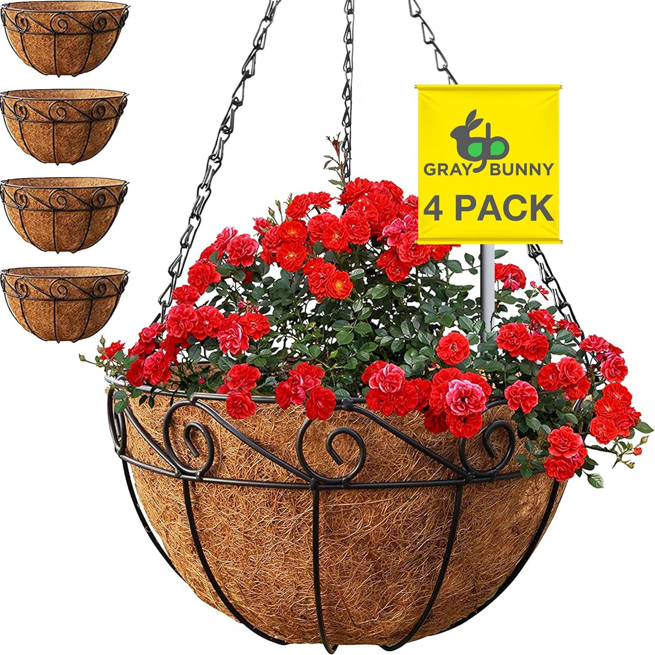 Hanging Planters for Outdoor Plants, 4 Pk, with Coco Liners 