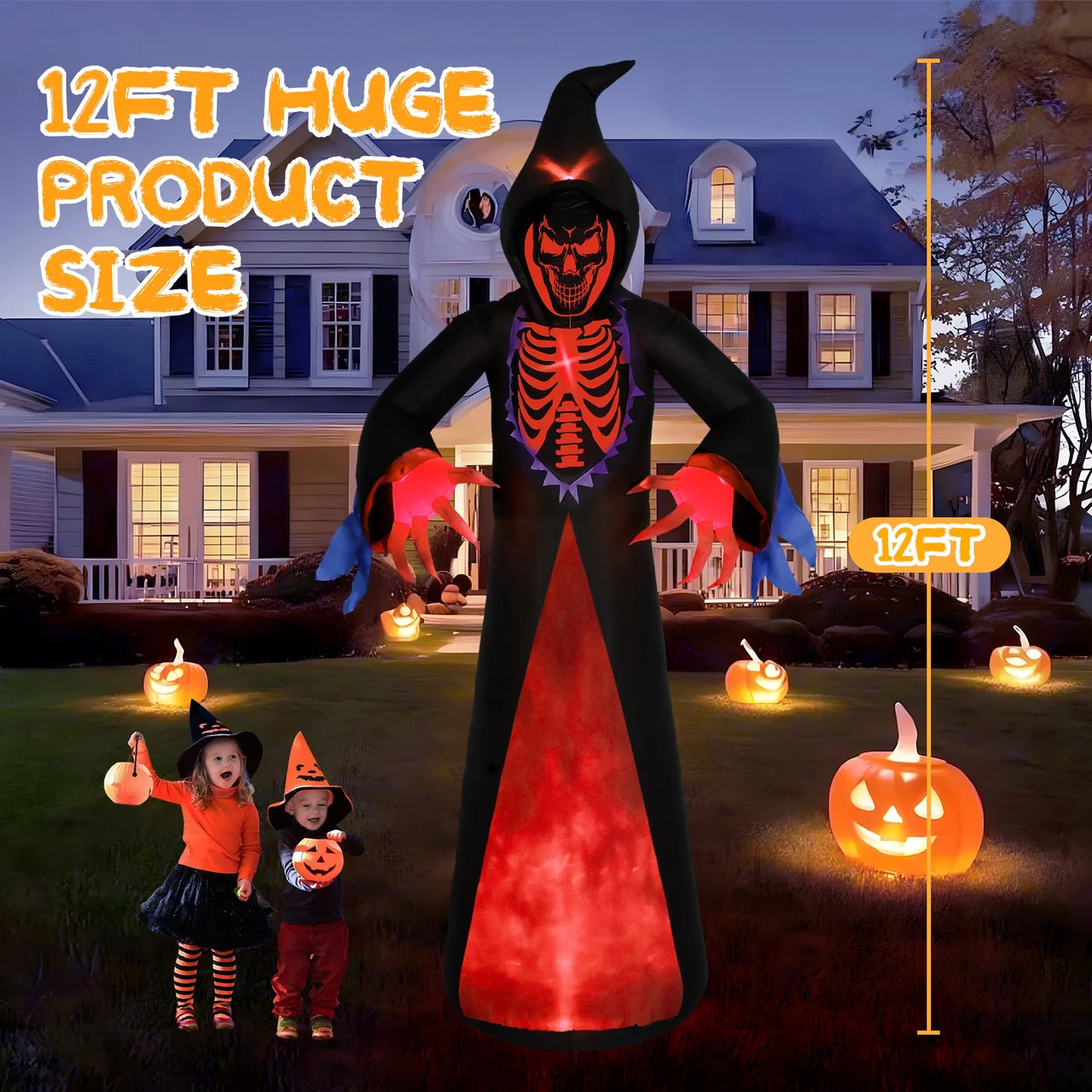 12Ft Halloween Inflatable Grim Reaper, Spooky Blow up Yard Decor with Built-In 7 Modes 3D LED Flame Lights for Holiday Party Garden Patio Lawn