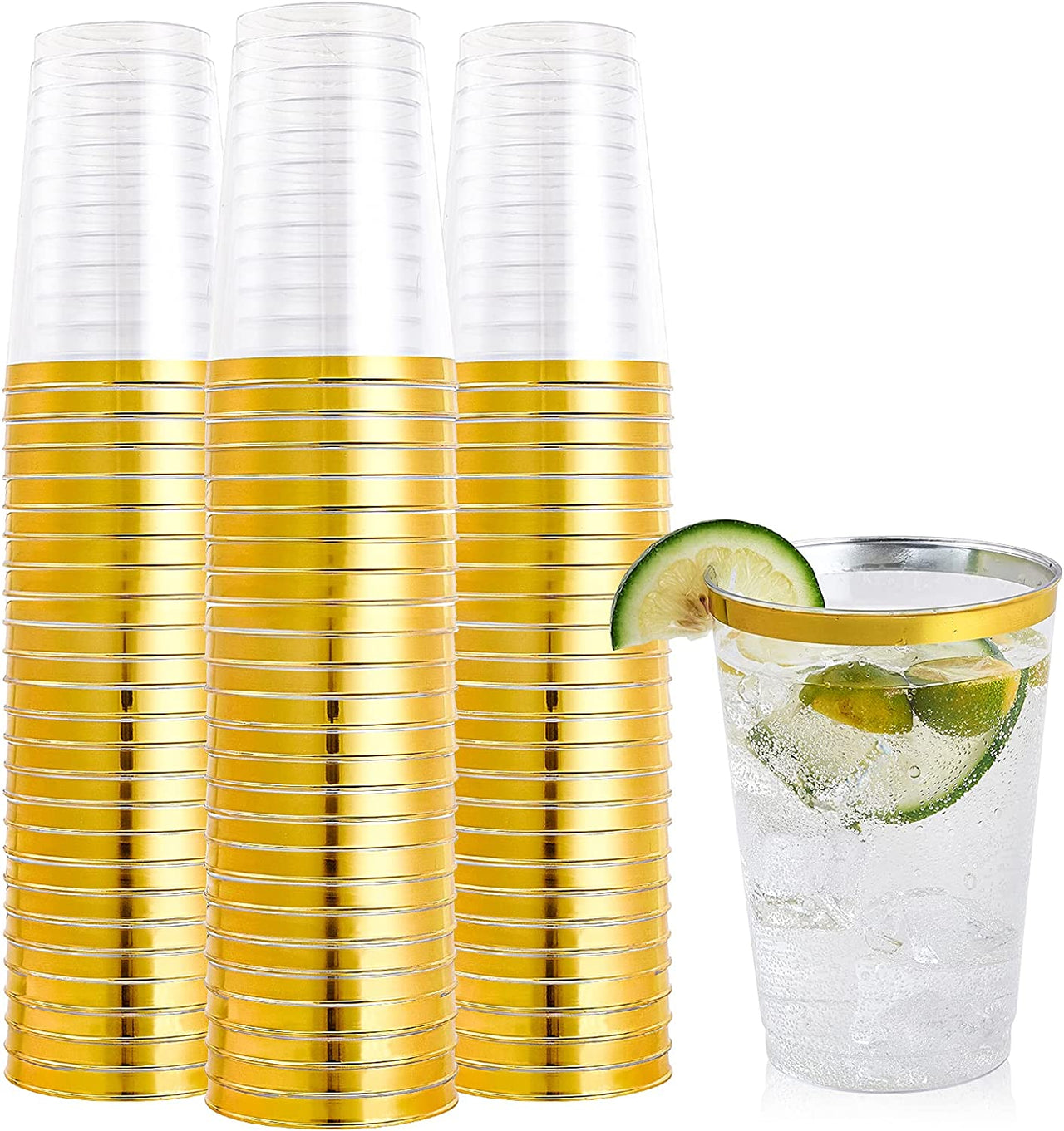100 Pack 12 Oz Gold Rimmed Plastic Cups, 12 Ounce Clear Tumblers, Heavy-Duty & Fancy Disposable Hard Plastic Cups with Gold Rim for Wedding Elegant Party