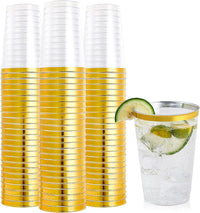Thumbnail for 100 Pack 12 Oz Gold Rimmed Plastic Cups, 12 Ounce Clear Tumblers, Heavy-Duty & Fancy Disposable Hard Plastic Cups with Gold Rim for Wedding Elegant Party