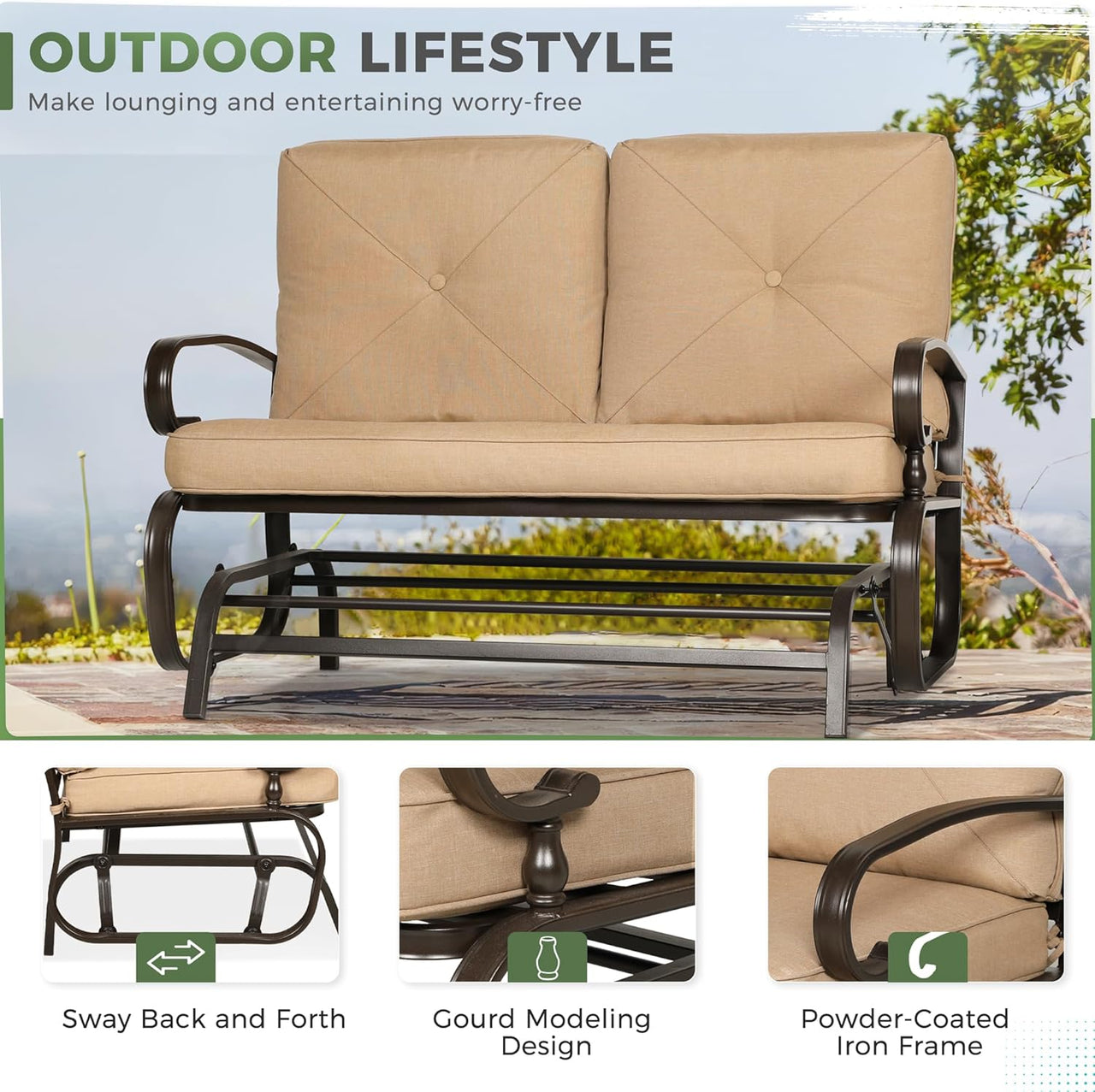 Outdoor Patio Glider Chair, Rocking Glider Bench for 2 Person, Porch Furniture Loveseat Seating, Wrought Iron Patio Gliders for Outside, Porch, Garden(Brown)