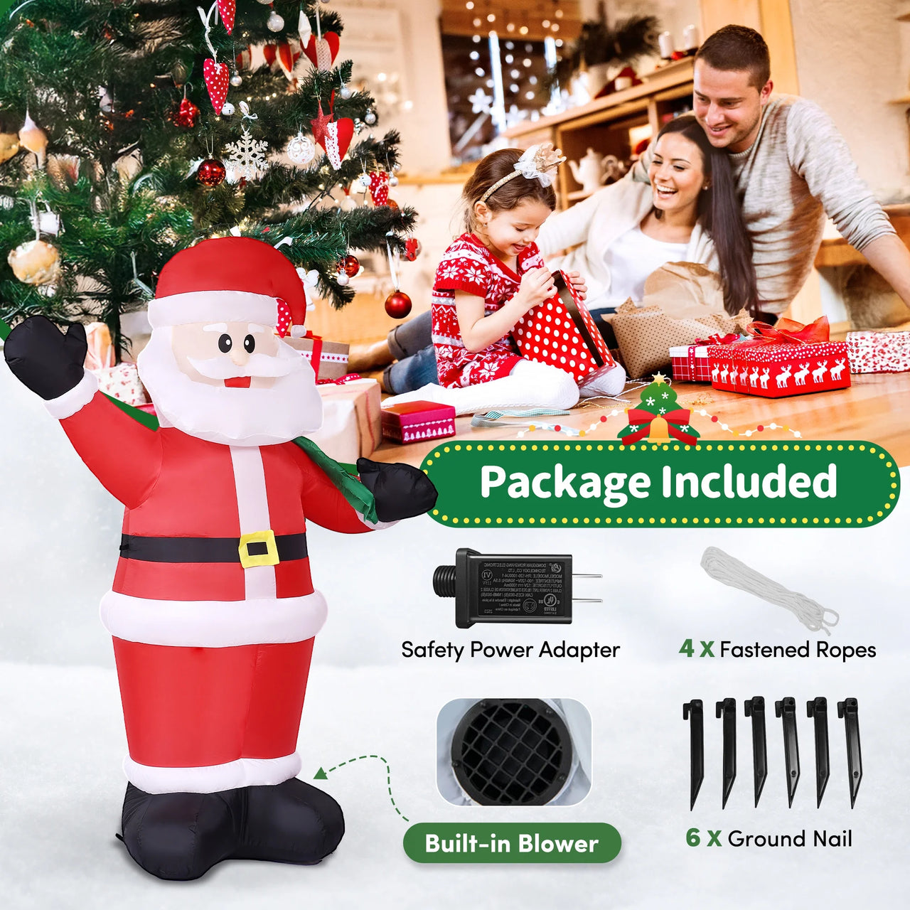 8Ft Christmas Inflatable, Santa Christmas Inflatable Decoration with Build-In Leds for Xmas Party Outdoor Yard Garden Lawn Winter Decor