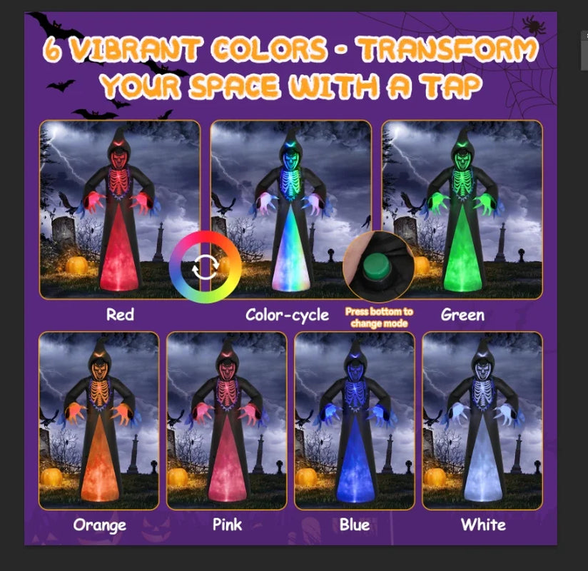 12Ft Halloween Inflatable Grim Reaper, Spooky Blow up Yard Decor with Built-In 7 Modes 3D LED Flame Lights for Holiday Party Garden Patio Lawn