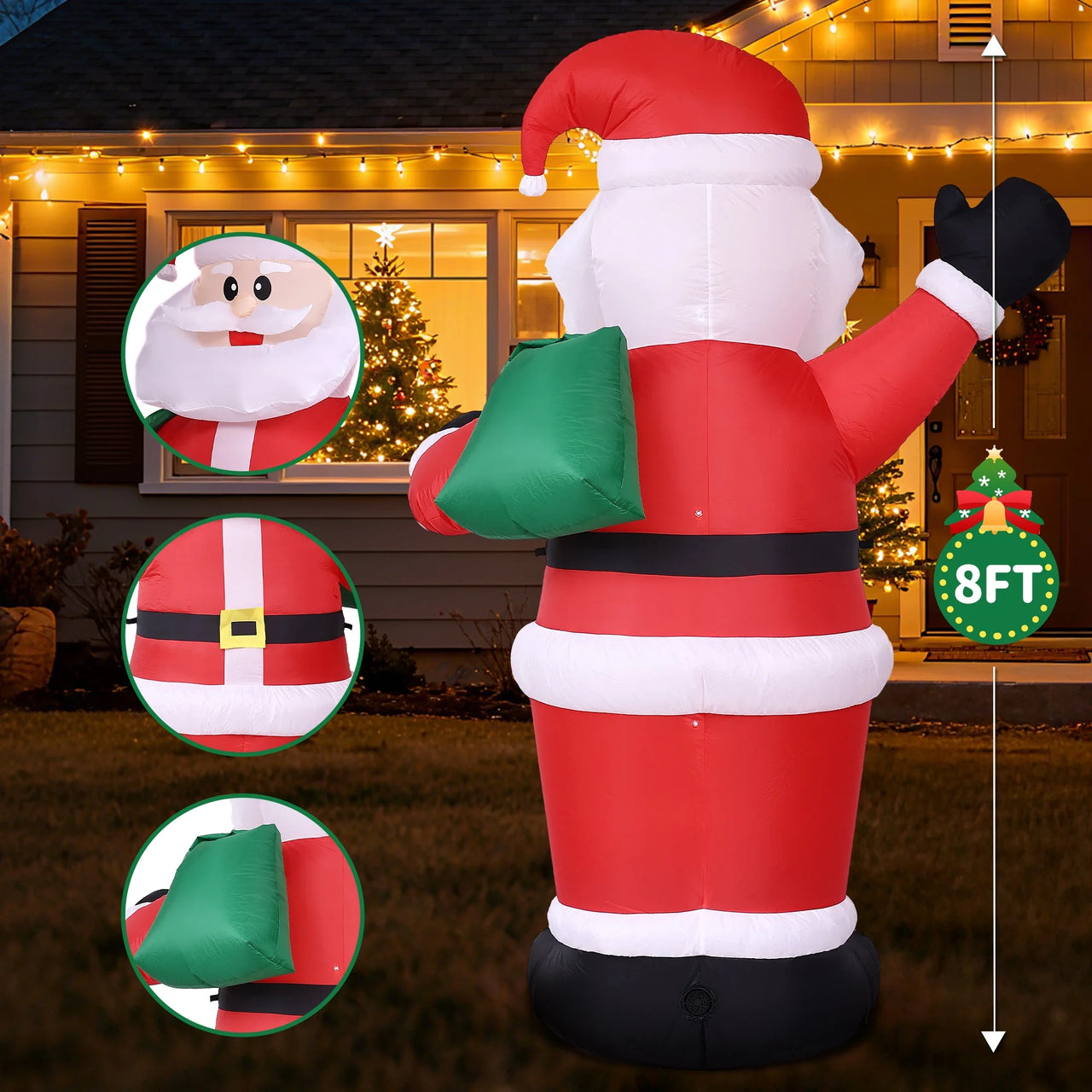 8Ft Christmas Inflatable, Santa Christmas Inflatable Decoration with Build-In Leds for Xmas Party Outdoor Yard Garden Lawn Winter Decor