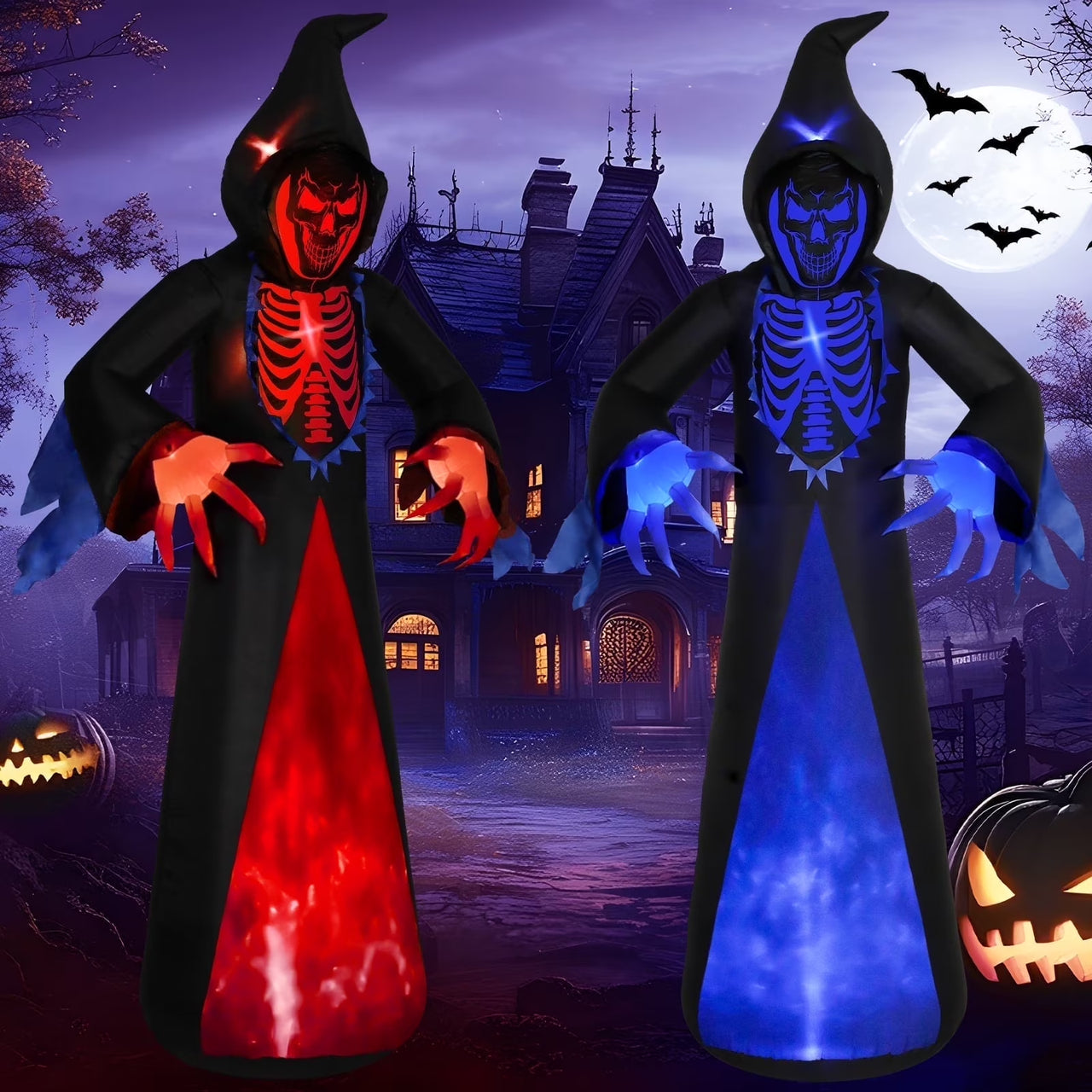 12Ft Halloween Inflatable Grim Reaper, Spooky Blow up Yard Decor with Built-In 7 Modes 3D LED Flame Lights for Holiday Party Garden Patio Lawn