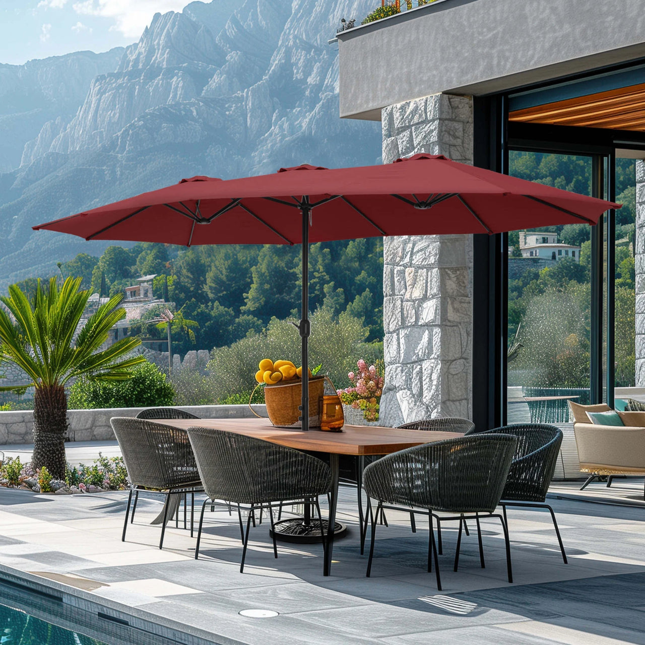 15 Ft Large Patio Umbrella with Base (Included) Double-Sided Rectangular Outdoor Deck Umbrella for outside - Burgundy