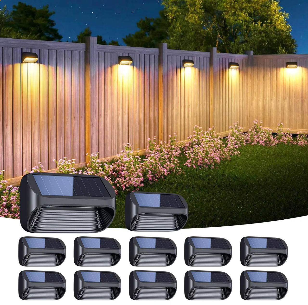 6/12 Pack Fence Lights Solar Powered, Auto On/Off, Solar Deck Lights for outside Yard Fence Deck Wall Patio Decor