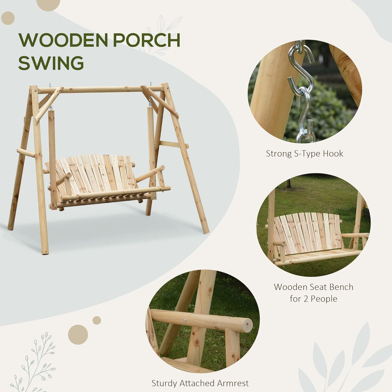 2-Seat Porch Swing with Stand, Wooden Patio Swing Chair Bench, for Garden, Poolside, Backyard, Natural