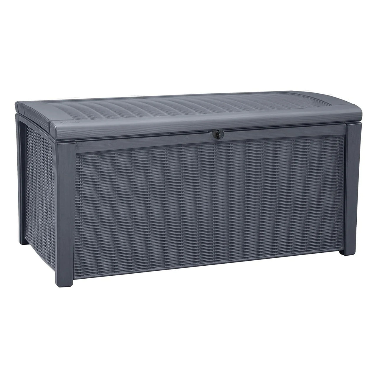 Borneo 110 Gallon Rattan Plastic Outdoor Storage Deck Box Bench, Grey