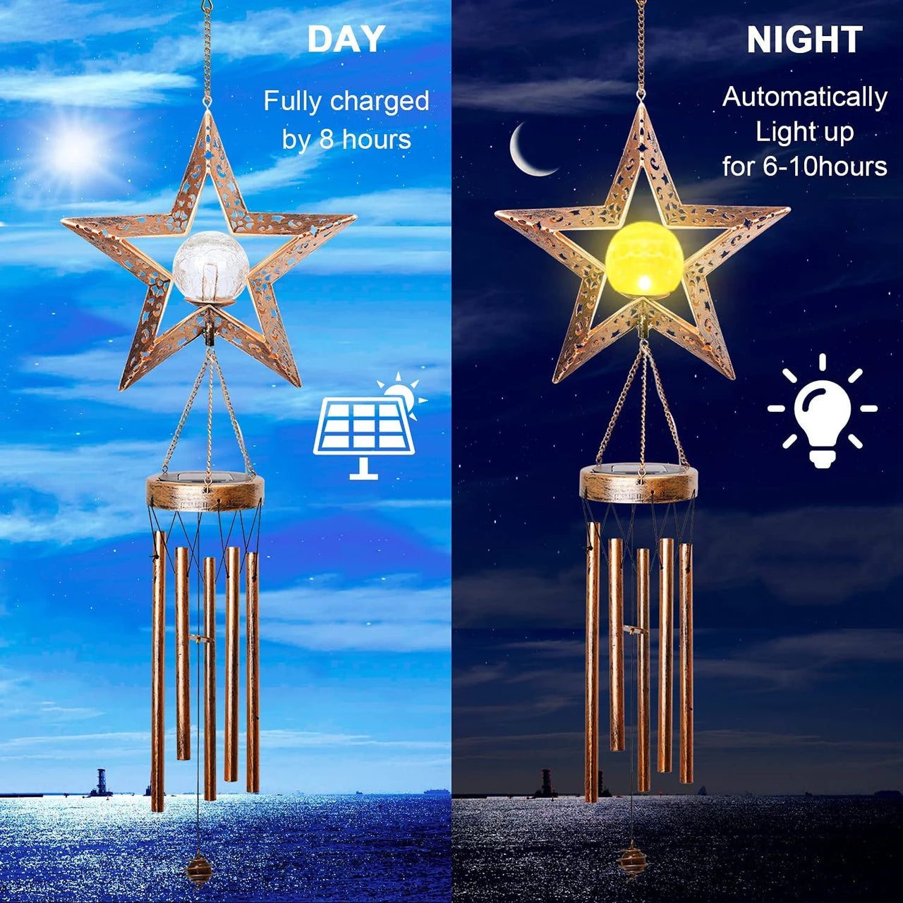 Solar Star Wind Chimes - Cracked Glass Balls, Outdoor Garden Chandeliers with Warm LED Light