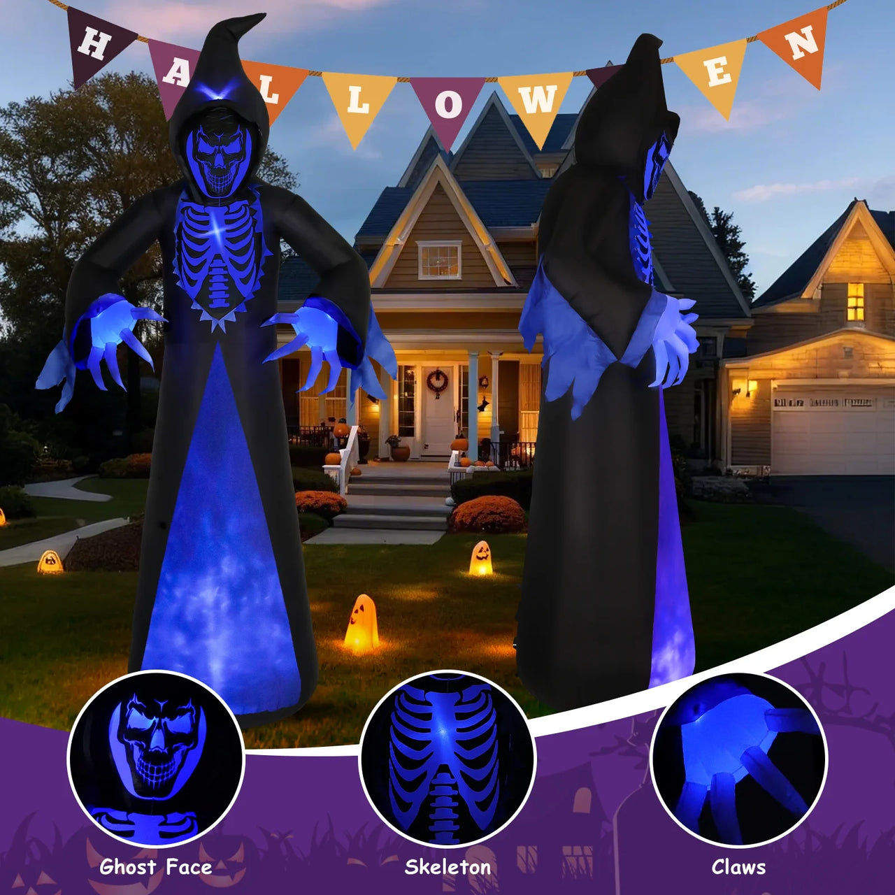 12Ft Halloween Inflatable Grim Reaper, Spooky Blow up Yard Decor with Built-In 7 Modes 3D LED Flame Lights for Holiday Party Garden Patio Lawn