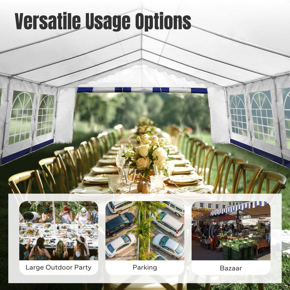 16 Ft. X 32 Ft. Large Outdoor Canopy Wedding Party Tent in White with Blue Stripes Removable Side Walls