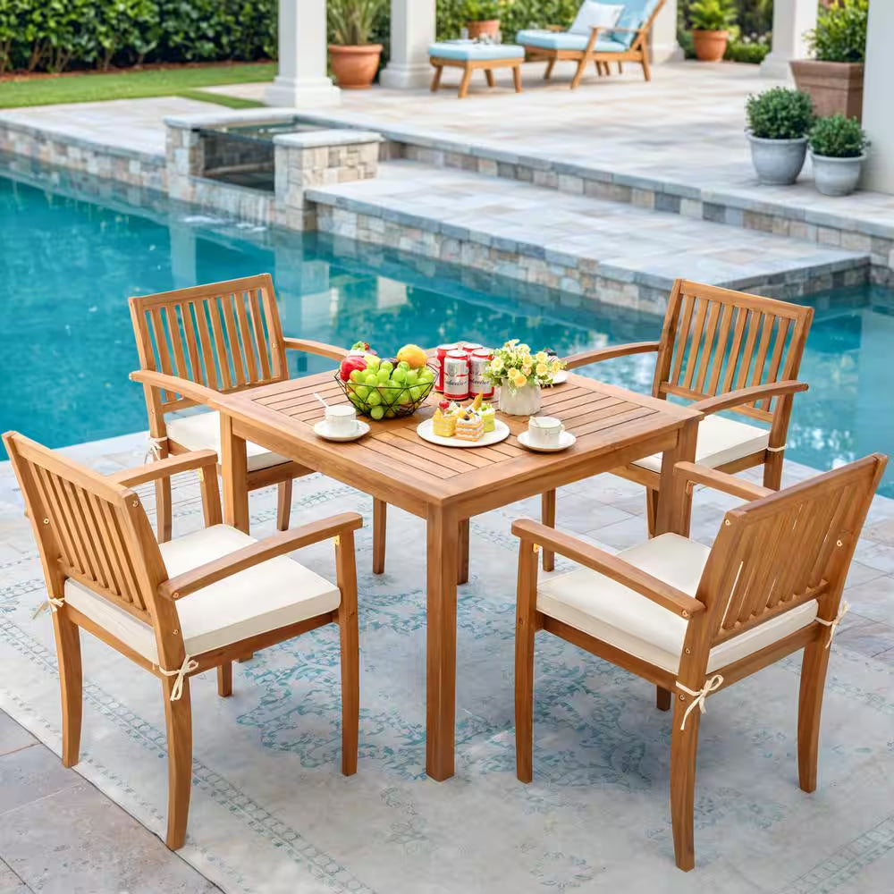 5-Piece Acacia Wood Outdoor Dining Set with Beige Cushion for Patio Garden Backyard 4-Armchairs and Table