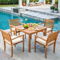 Thumbnail for 5-Piece Acacia Wood Outdoor Dining Set with Beige Cushion for Patio Garden Backyard 4-Armchairs and Table