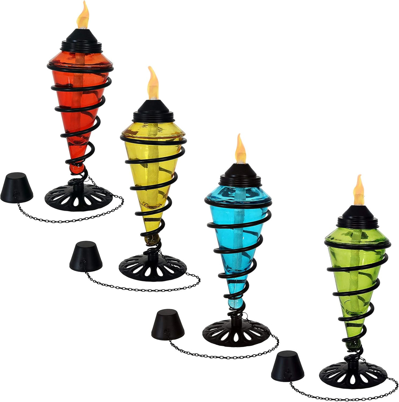 Swirling Metal/Glass Tabletop Torches - Set of 4-1 Blue, 1 Red, 1 Green and 1 Yellow