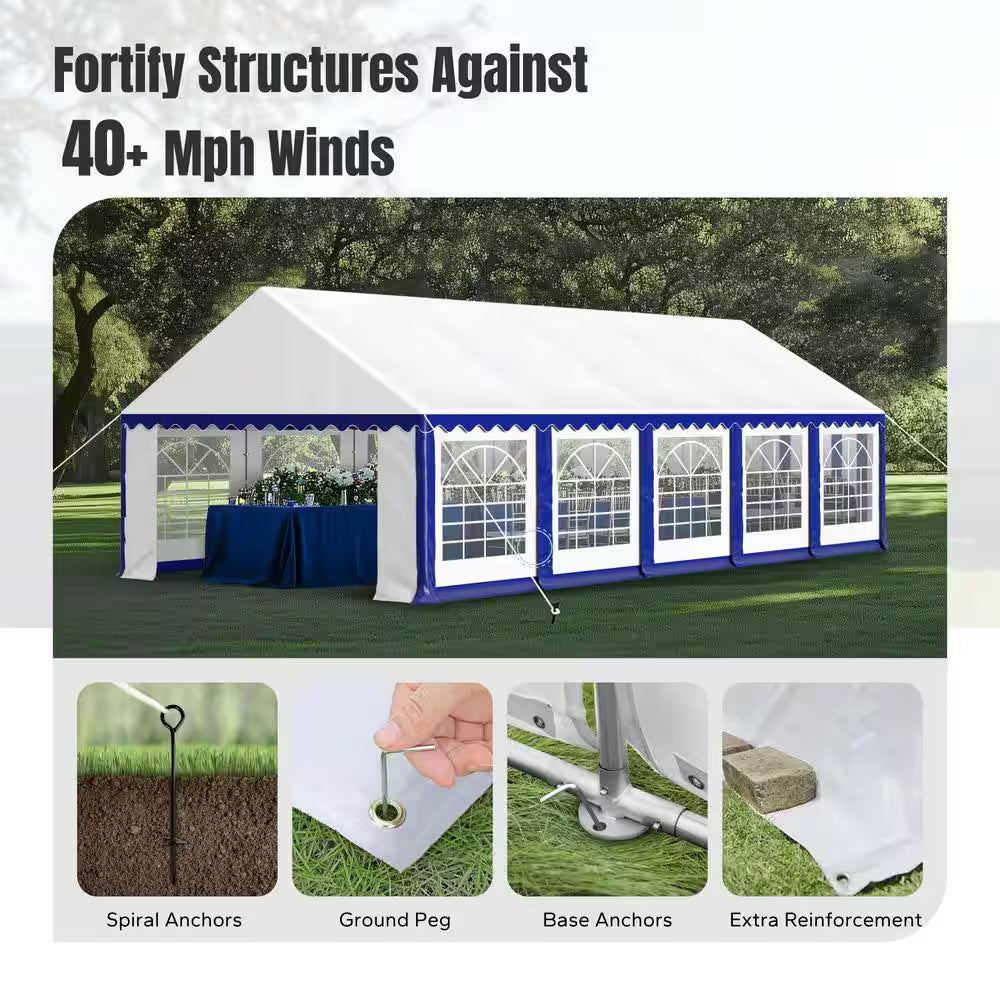 16 Ft. X 32 Ft. Large Outdoor Canopy Wedding Party Tent in White with Blue Stripes Removable Side Walls